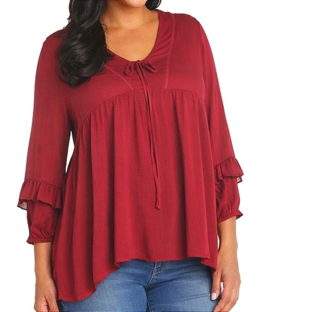 Westport Women's‎ 1X Red Boho Red Peasant Blouse Tie Neck Ruffle Sleeve Comfort